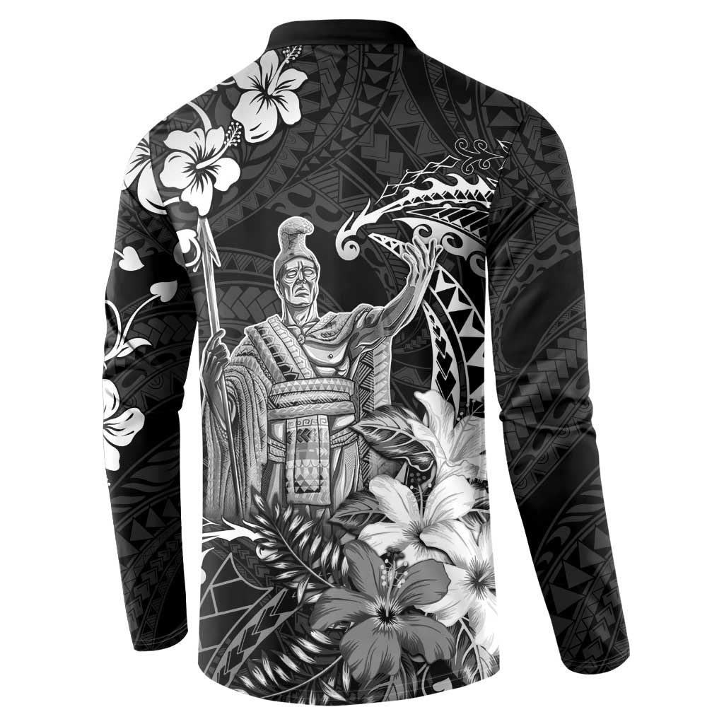 Hawaii King Kamehameha Day Button Sweatshirt Polynesian Pattern Mix Hibiscus Black