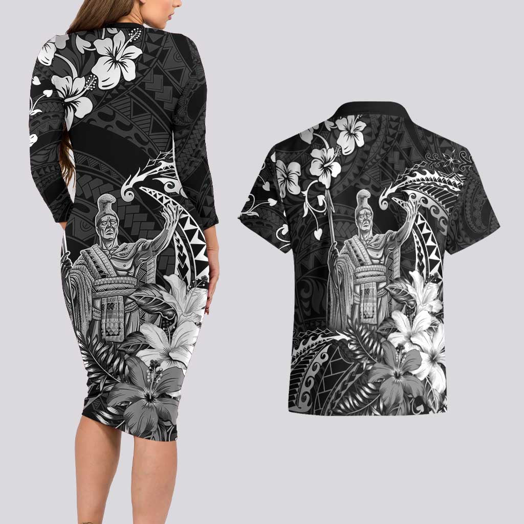 Hawaii King Kamehameha Day Couples Matching Long Sleeve Bodycon Dress and Hawaiian Shirt Polynesian Pattern Mix Hibiscus Black
