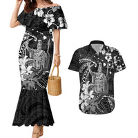 Hawaii King Kamehameha Day Couples Matching Mermaid Dress and Hawaiian Shirt Polynesian Pattern Mix Hibiscus Black