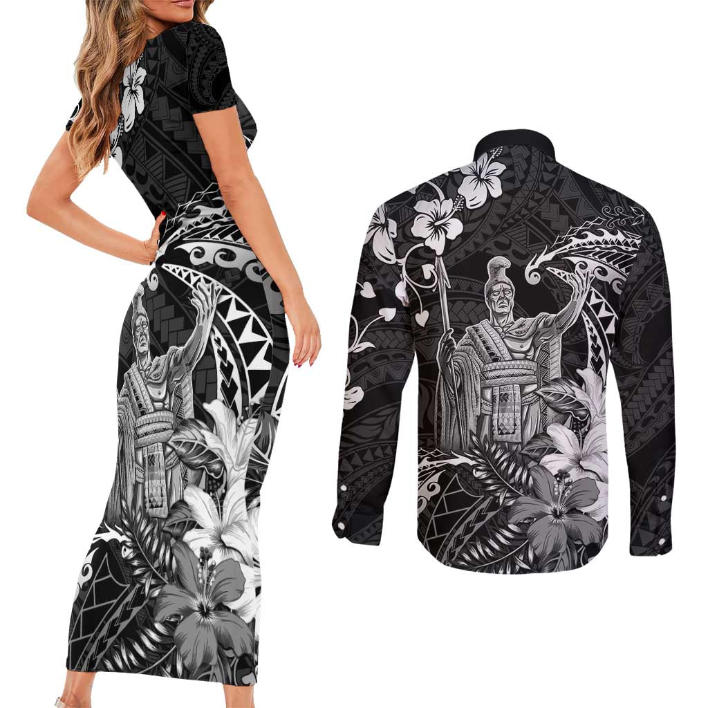 Hawaii King Kamehameha Day Couples Matching Short Sleeve Bodycon Dress and Long Sleeve Button Shirt Polynesian Pattern Mix Hibiscus Black