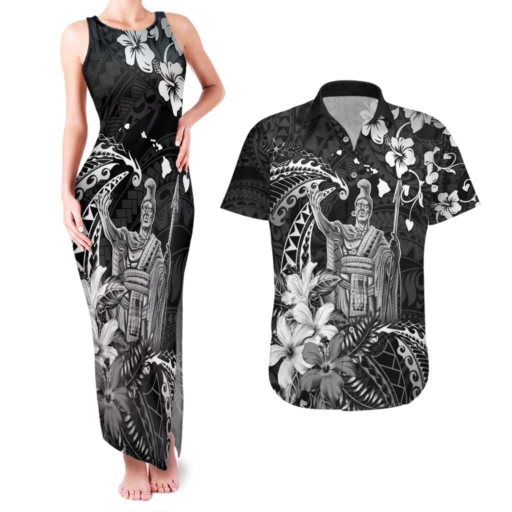 Hawaii King Kamehameha Day Couples Matching Tank Maxi Dress and Hawaiian Shirt Polynesian Pattern Mix Hibiscus Black