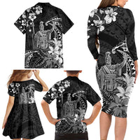 Hawaii King Kamehameha Day Family Matching Long Sleeve Bodycon Dress and Hawaiian Shirt Polynesian Pattern Mix Hibiscus Black