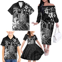 Hawaii King Kamehameha Day Family Matching Off The Shoulder Long Sleeve Dress and Hawaiian Shirt Polynesian Pattern Mix Hibiscus Black