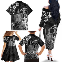 Hawaii King Kamehameha Day Family Matching Off The Shoulder Long Sleeve Dress and Hawaiian Shirt Polynesian Pattern Mix Hibiscus Black