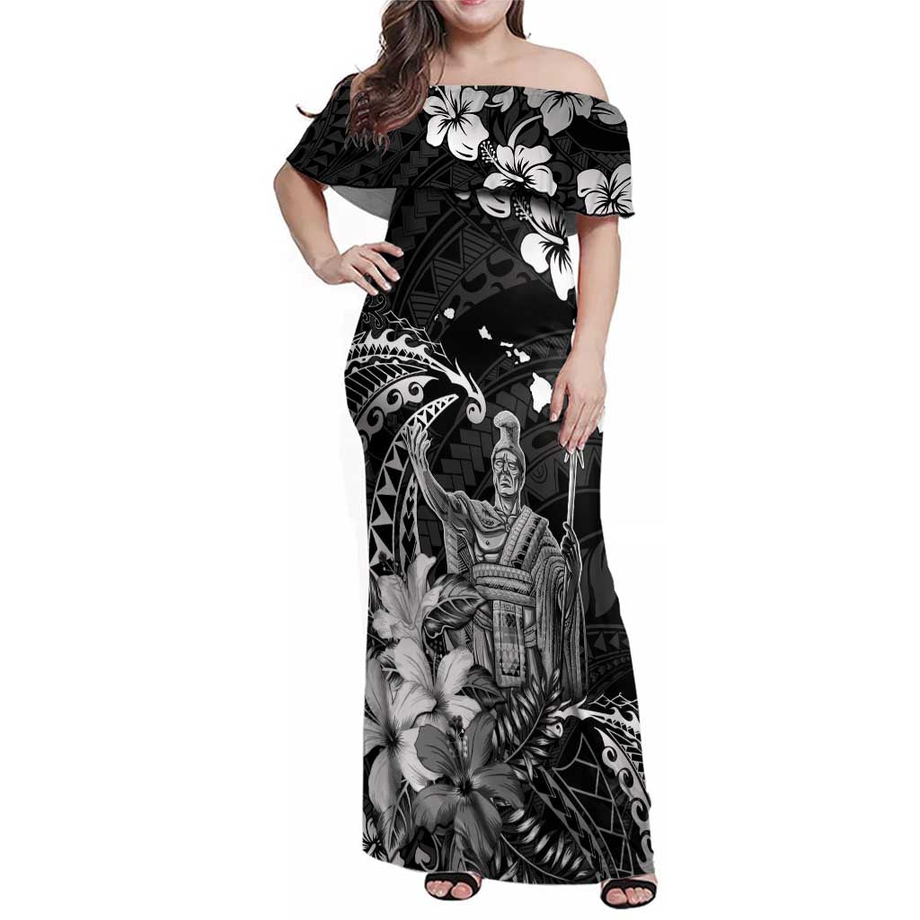 Hawaii King Kamehameha Day Family Matching Off Shoulder Maxi Dress and Hawaiian Shirt Polynesian Pattern Mix Hibiscus Black