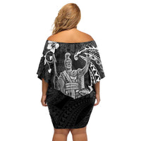 Hawaii King Kamehameha Day Family Matching Off Shoulder Short Dress and Hawaiian Shirt Polynesian Pattern Mix Hibiscus Black