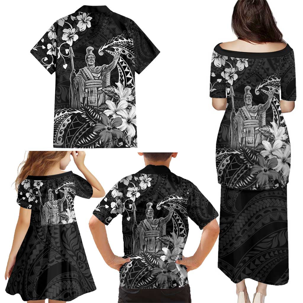Hawaii King Kamehameha Day Family Matching Puletasi and Hawaiian Shirt Polynesian Pattern Mix Hibiscus Black