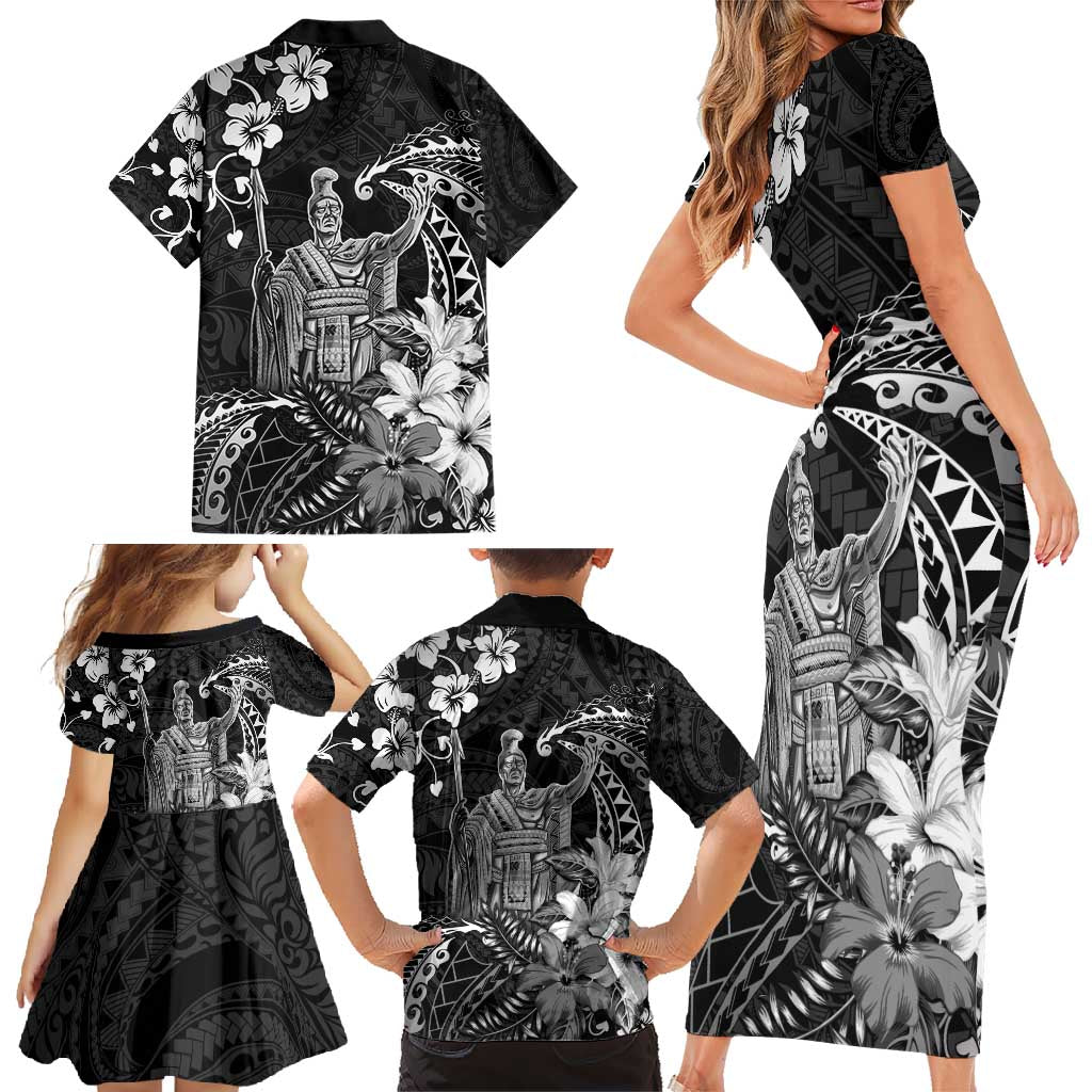Hawaii King Kamehameha Day Family Matching Short Sleeve Bodycon Dress and Hawaiian Shirt Polynesian Pattern Mix Hibiscus Black