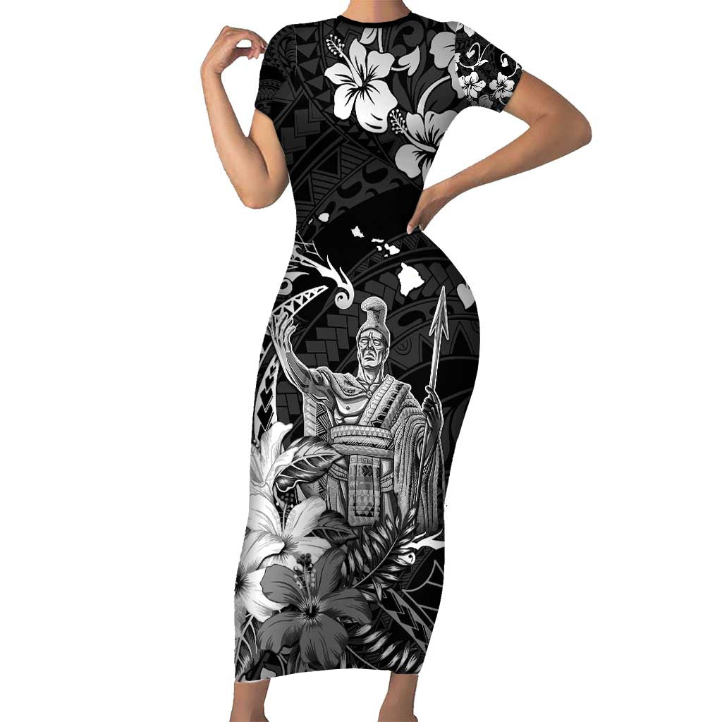 Hawaii King Kamehameha Day Family Matching Short Sleeve Bodycon Dress and Hawaiian Shirt Polynesian Pattern Mix Hibiscus Black