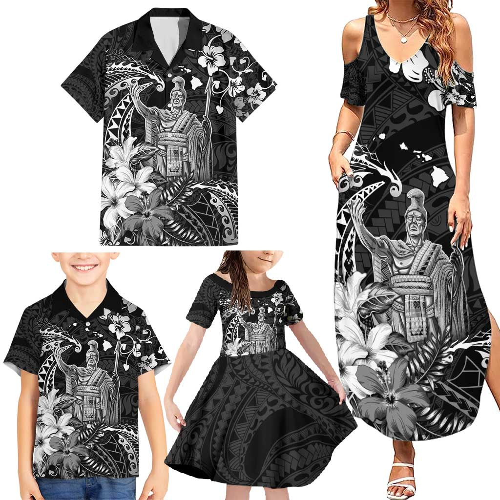 Hawaii King Kamehameha Day Family Matching Summer Maxi Dress and Hawaiian Shirt Polynesian Pattern Mix Hibiscus Black