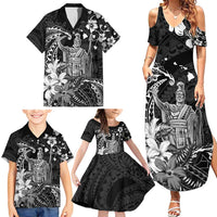 Hawaii King Kamehameha Day Family Matching Summer Maxi Dress and Hawaiian Shirt Polynesian Pattern Mix Hibiscus Black