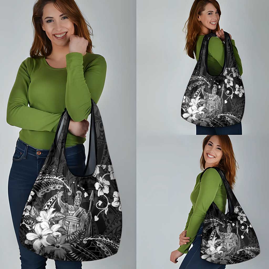 Hawaii King Kamehameha Day Grocery Bag Polynesian Pattern Mix Hibiscus Black