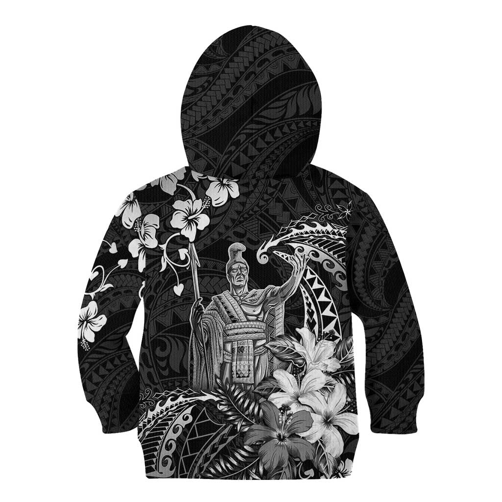 Hawaii King Kamehameha Day Kid Hoodie Polynesian Pattern Mix Hibiscus Black