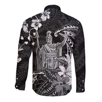 Hawaii King Kamehameha Day Long Sleeve Button Shirt Polynesian Pattern Mix Hibiscus Black