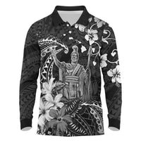 Hawaii King Kamehameha Day Long Sleeve Polo Shirt Polynesian Pattern Mix Hibiscus Black