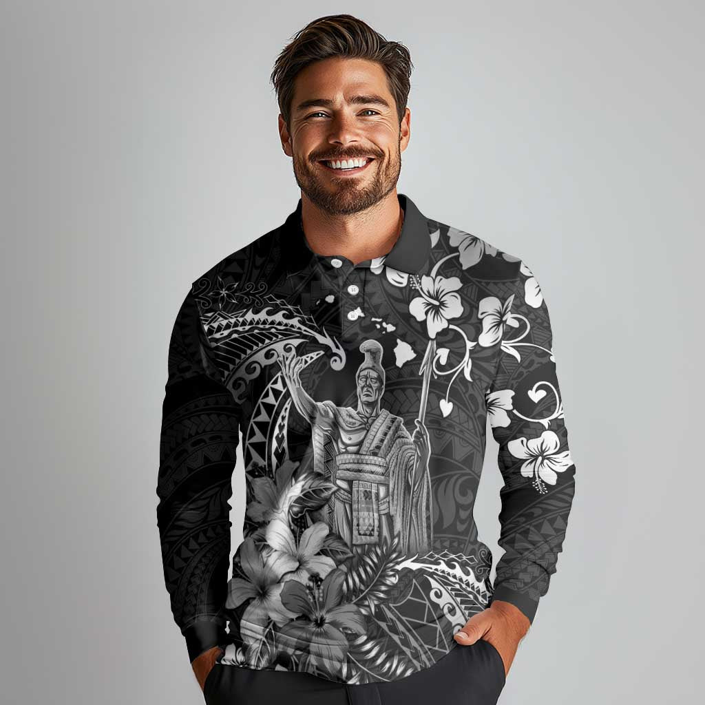 Hawaii King Kamehameha Day Long Sleeve Polo Shirt Polynesian Pattern Mix Hibiscus Black