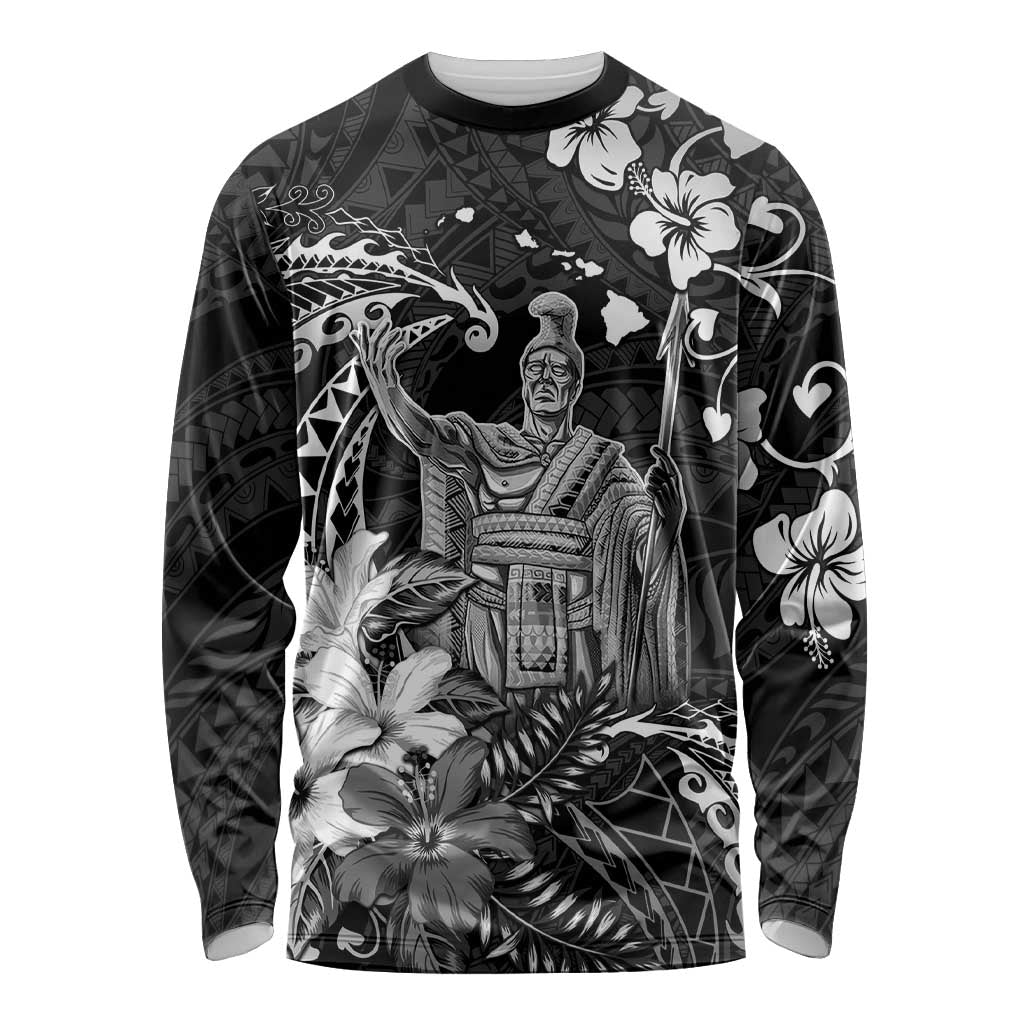 Hawaii King Kamehameha Day Long Sleeve Shirt Polynesian Pattern Mix Hibiscus Black