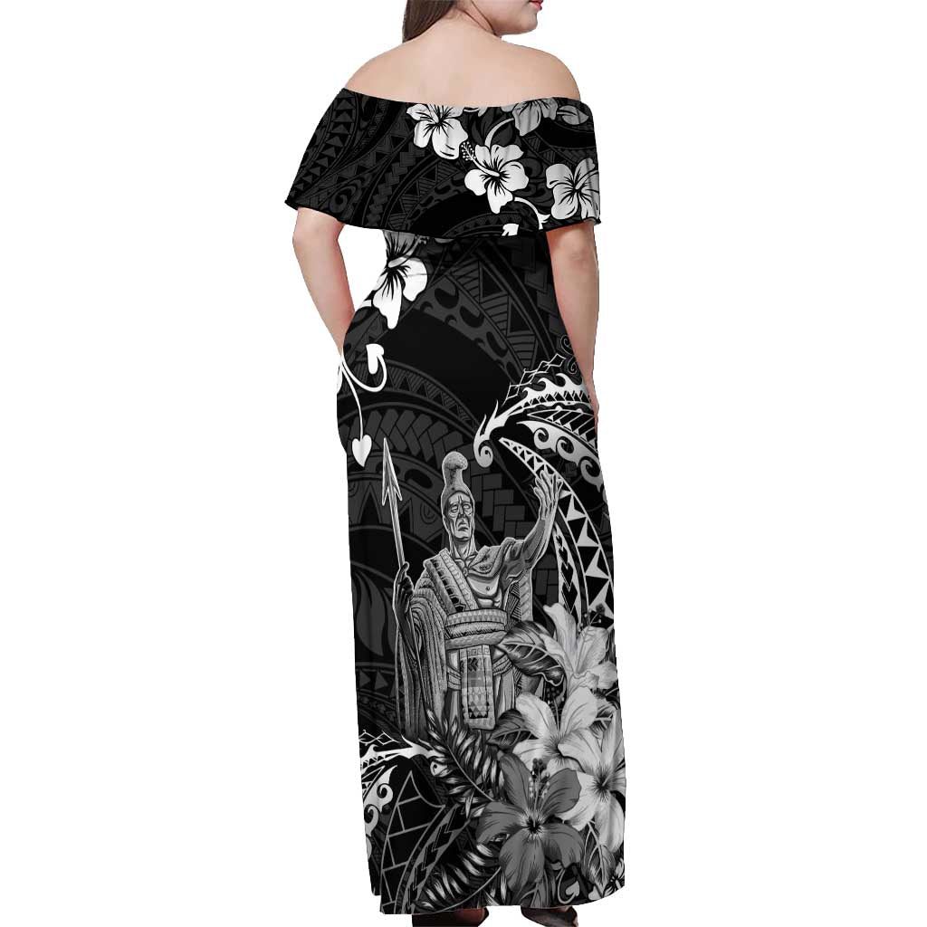 Hawaii King Kamehameha Day Off Shoulder Maxi Dress Polynesian Pattern Mix Hibiscus Black