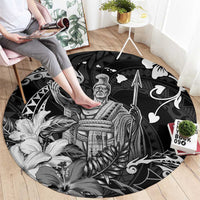 Hawaii King Kamehameha Day Round Carpet Polynesian Pattern Mix Hibiscus Black