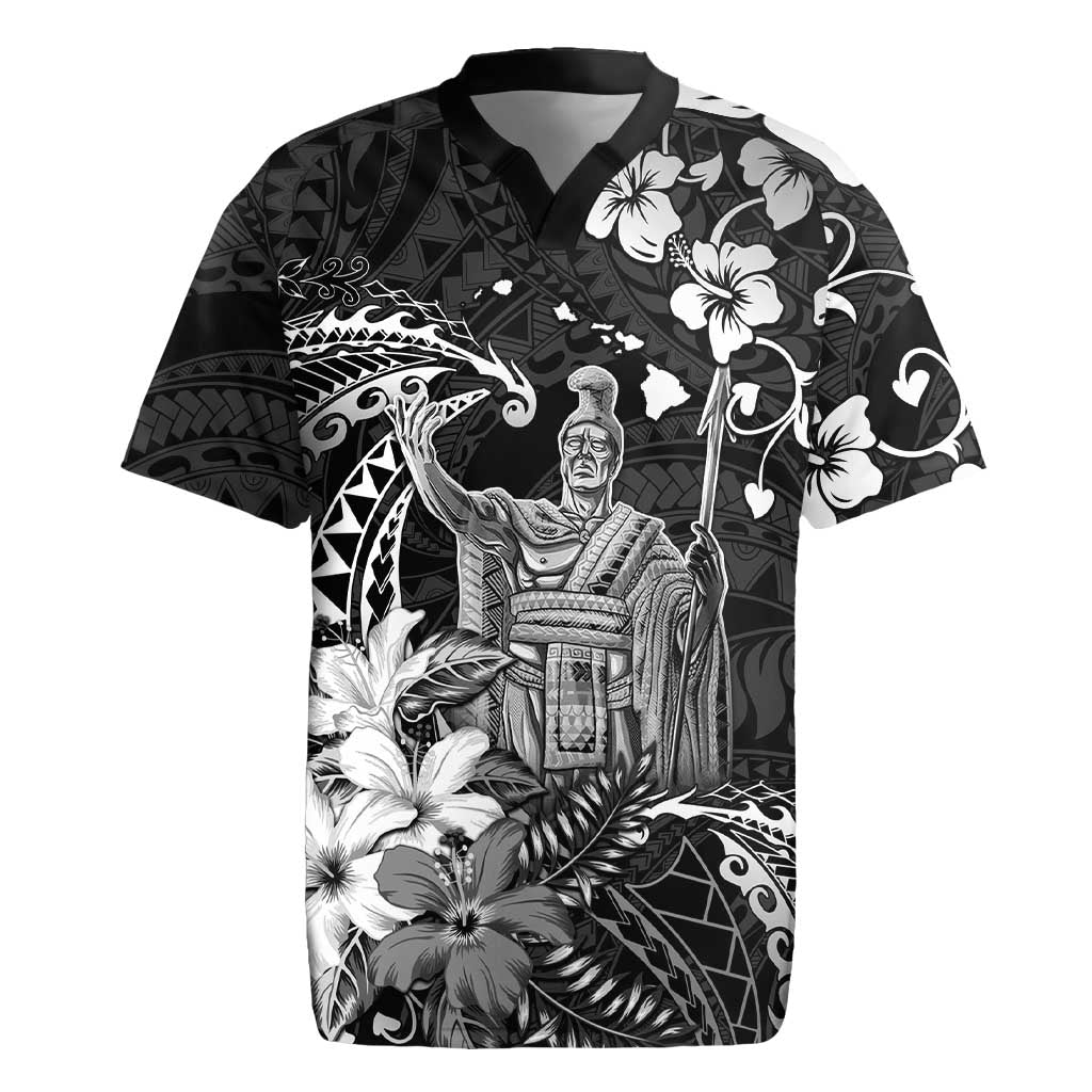 Hawaii King Kamehameha Day Rugby Jersey Polynesian Pattern Mix Hibiscus Black