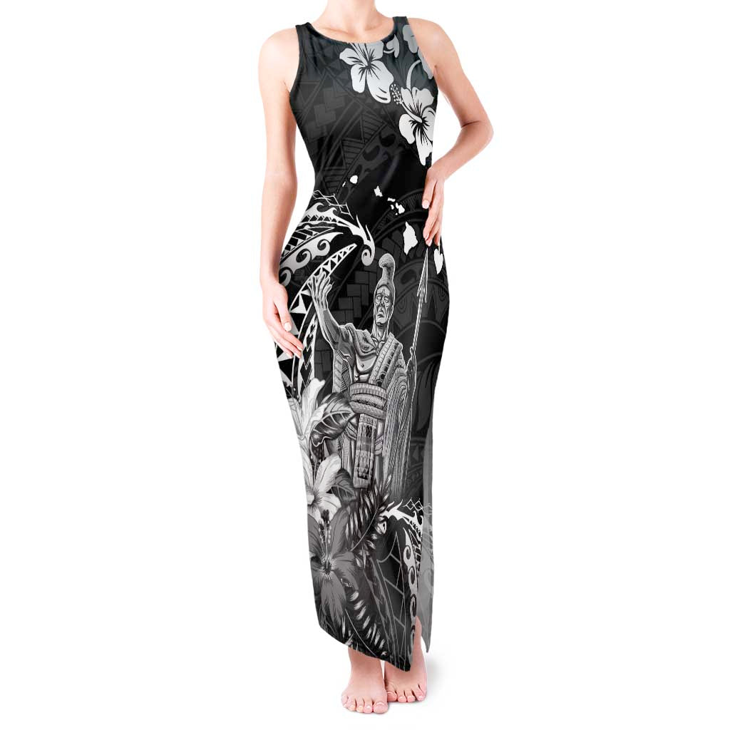 Hawaii King Kamehameha Day Tank Maxi Dress Polynesian Pattern Mix Hibiscus Black