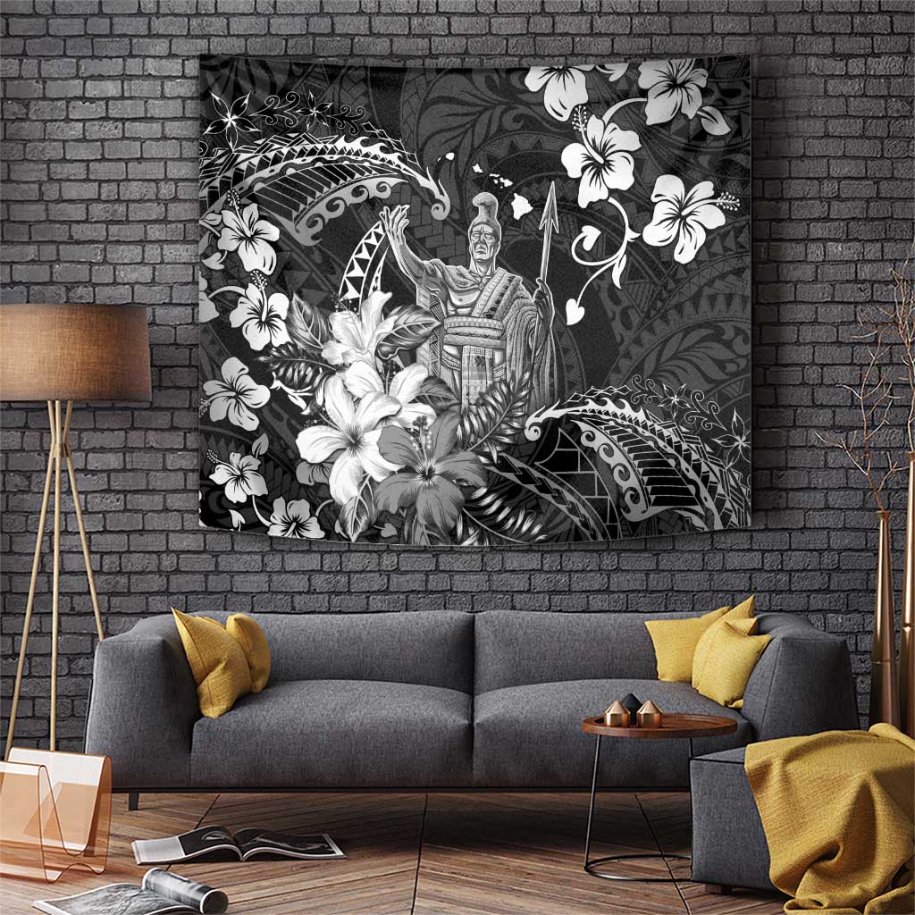 Hawaii King Kamehameha Day Tapestry Polynesian Pattern Mix Hibiscus Black