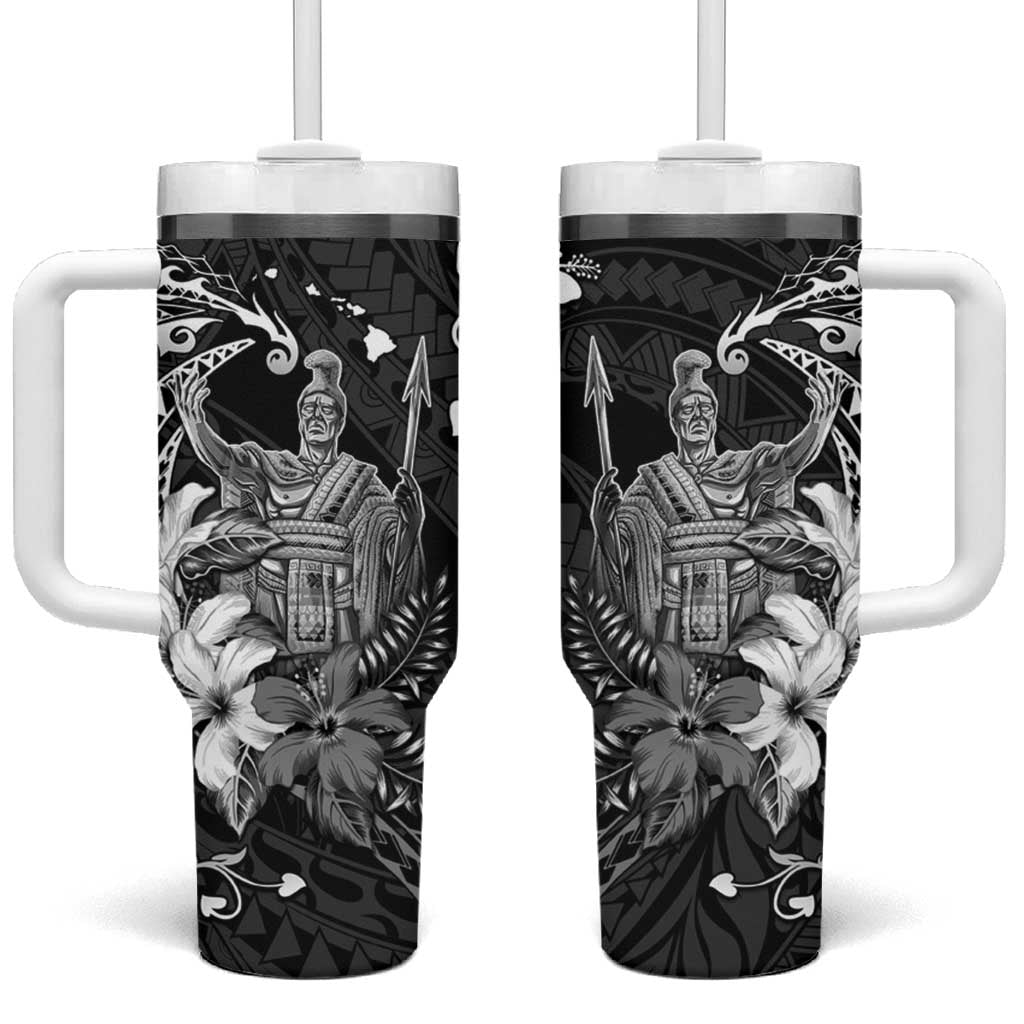 Hawaii King Kamehameha Day Tumbler With Handle Polynesian Pattern Mix Hibiscus Black