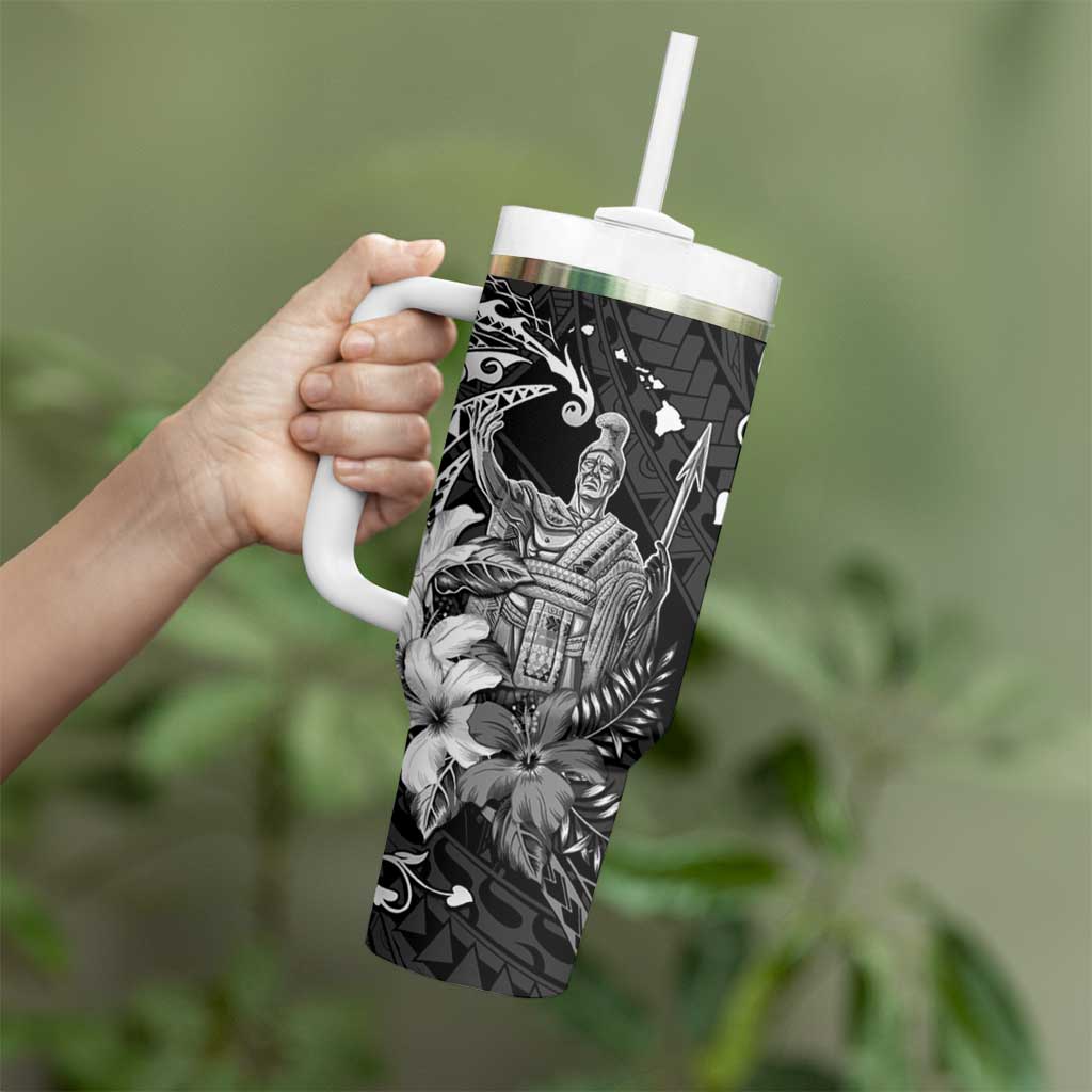 Hawaii King Kamehameha Day Tumbler With Handle Polynesian Pattern Mix Hibiscus Black