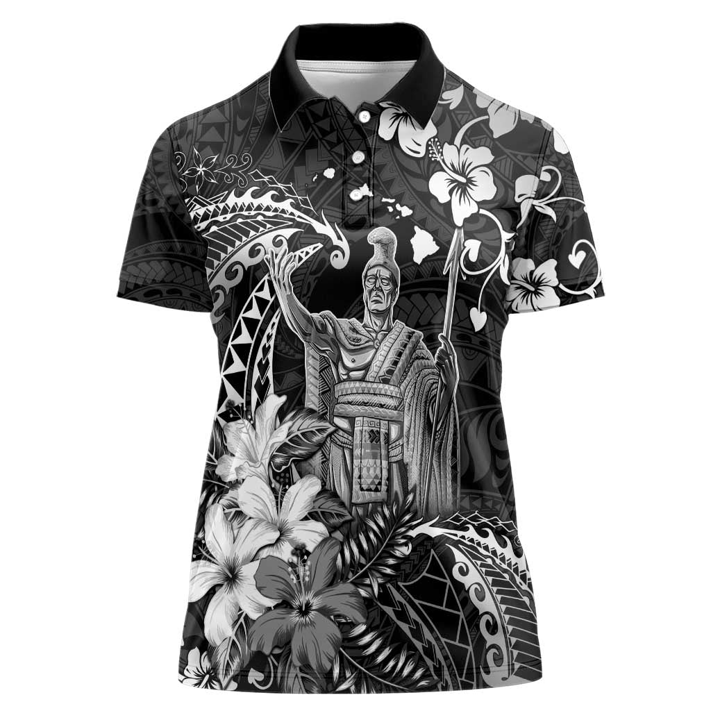 Hawaii King Kamehameha Day Women Polo Shirt Polynesian Pattern Mix Hibiscus Black