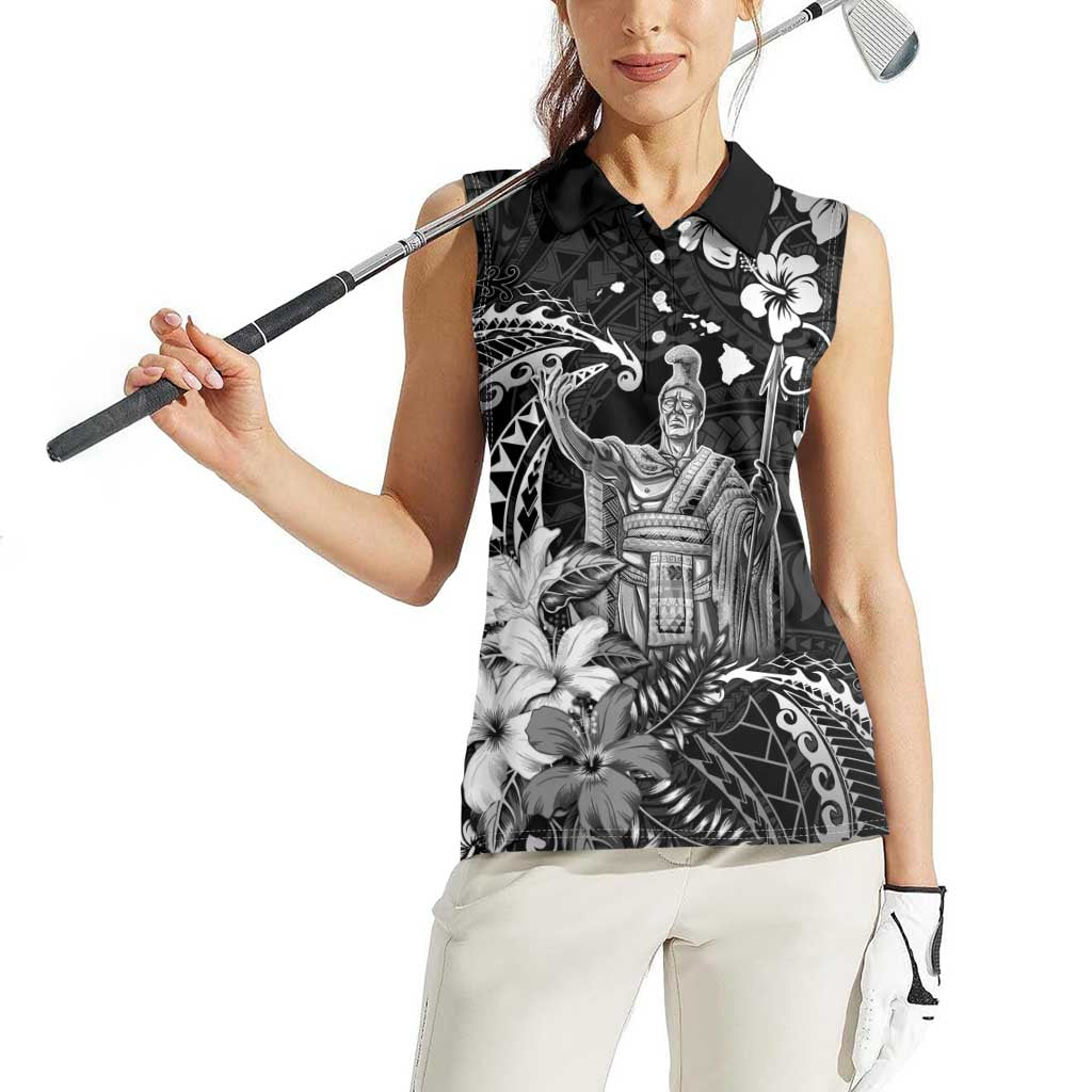 Hawaii King Kamehameha Day Women Sleeveless Polo Shirt Polynesian Pattern Mix Hibiscus Black