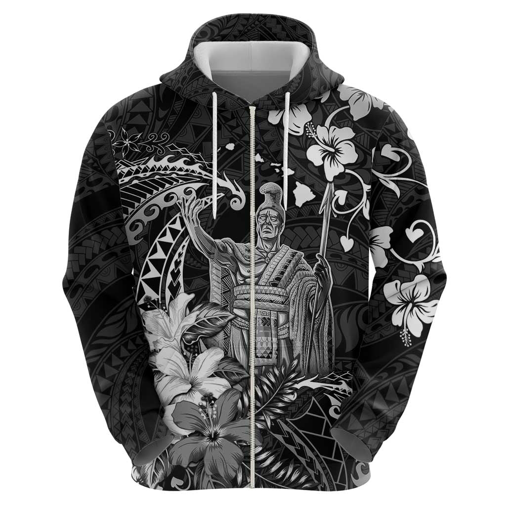 Hawaii King Kamehameha Day Zip Hoodie Polynesian Pattern Mix Hibiscus Black