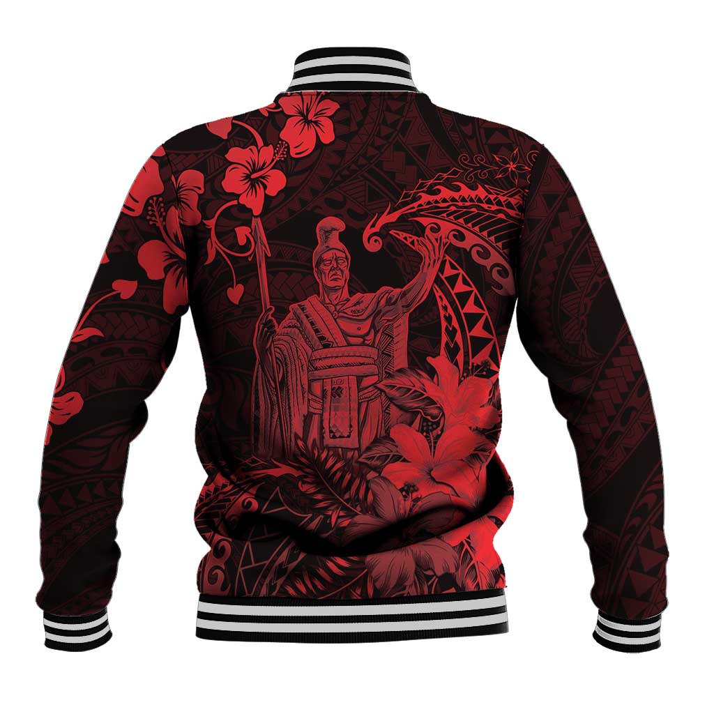 Hawaii King Kamehameha Day Baseball Jacket Polynesian Pattern Mix Hibiscus Red