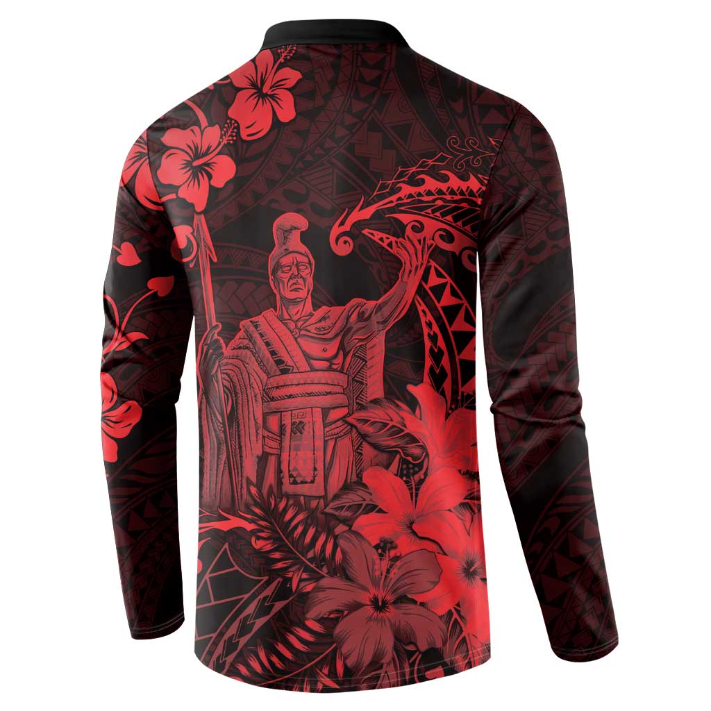 Hawaii King Kamehameha Day Button Sweatshirt Polynesian Pattern Mix Hibiscus Red
