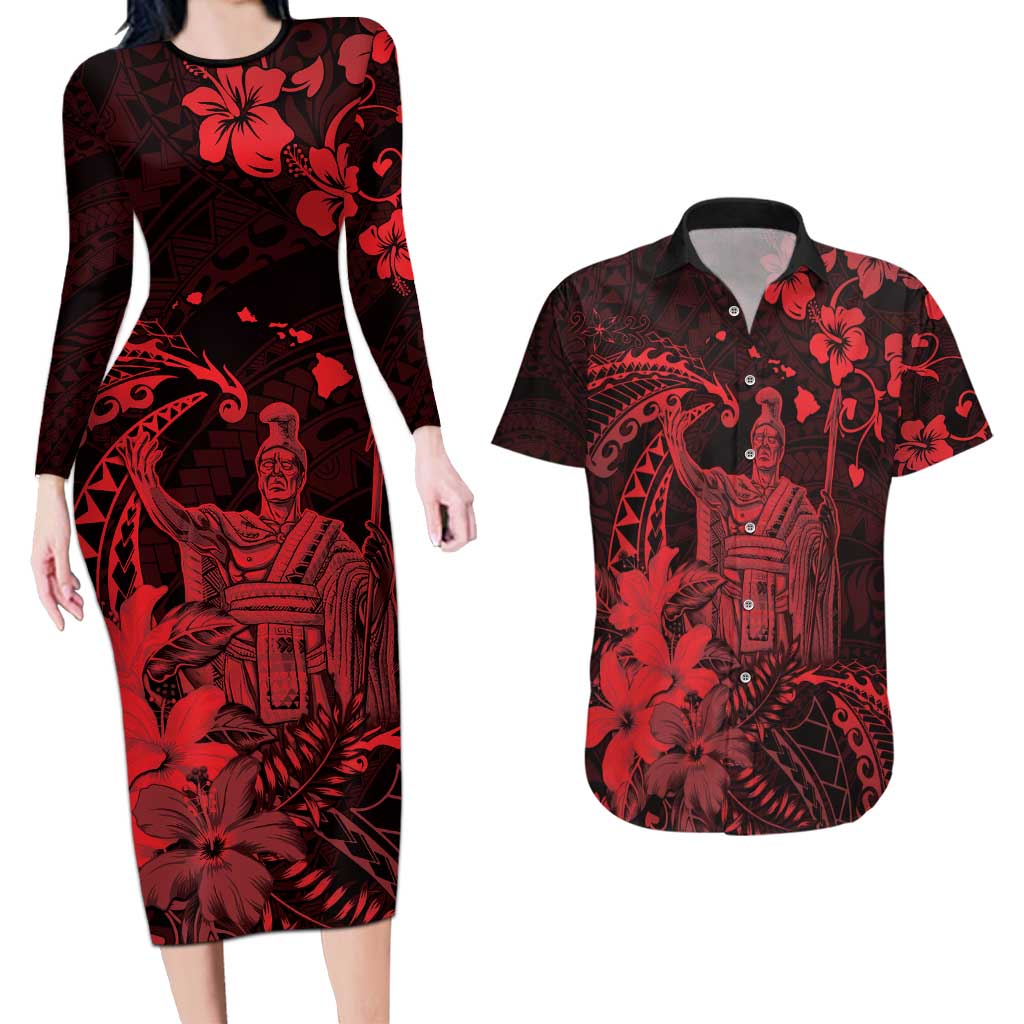 Hawaii King Kamehameha Day Couples Matching Long Sleeve Bodycon Dress and Hawaiian Shirt Polynesian Pattern Mix Hibiscus Red