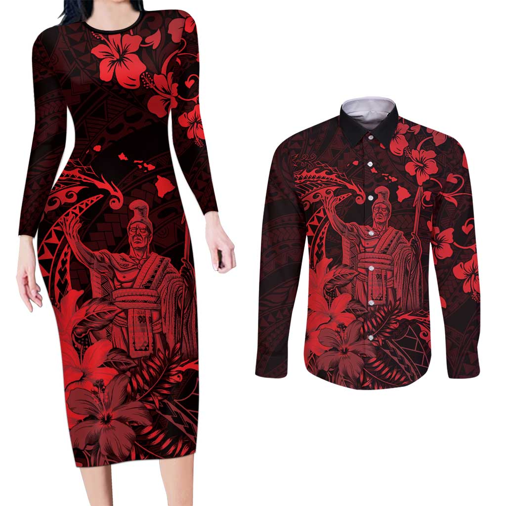 Hawaii King Kamehameha Day Couples Matching Long Sleeve Bodycon Dress and Long Sleeve Button Shirt Polynesian Pattern Mix Hibiscus Red