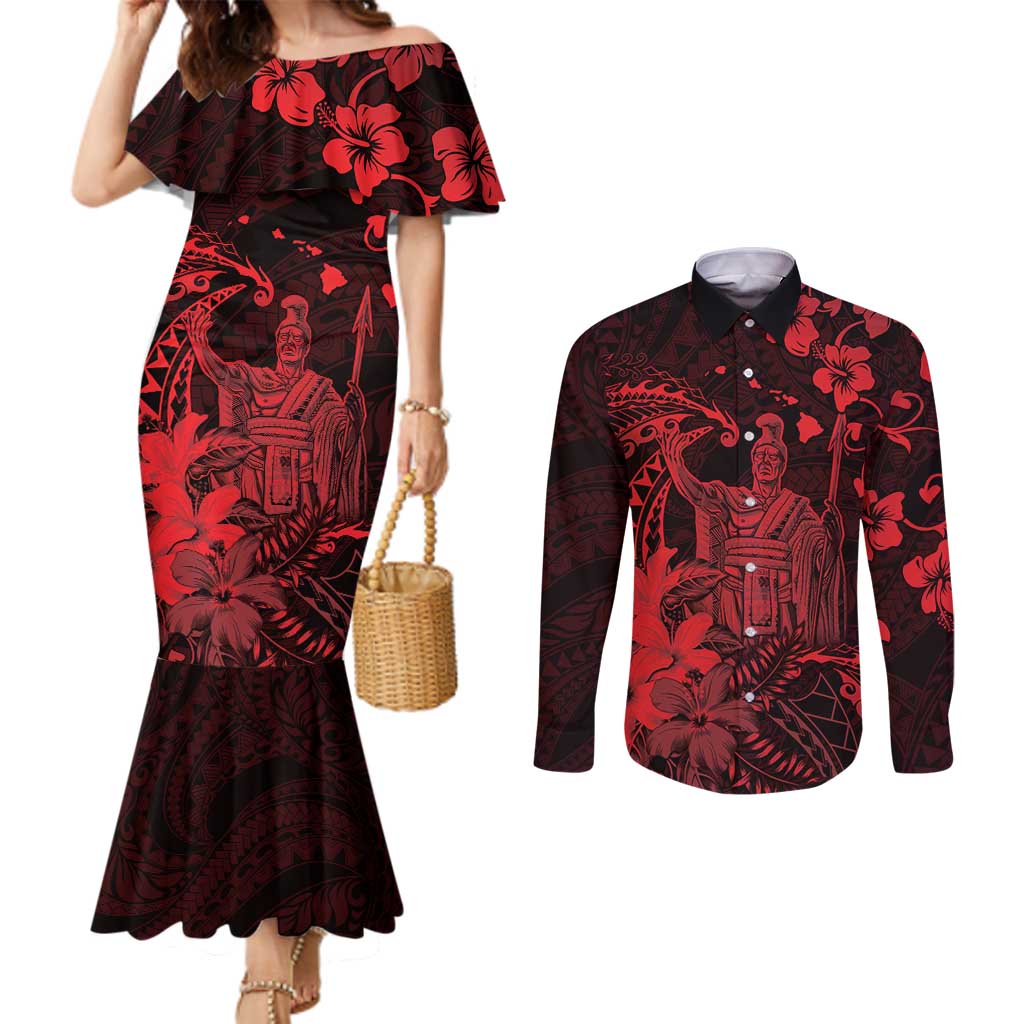 Hawaii King Kamehameha Day Couples Matching Mermaid Dress and Long Sleeve Button Shirt Polynesian Pattern Mix Hibiscus Red