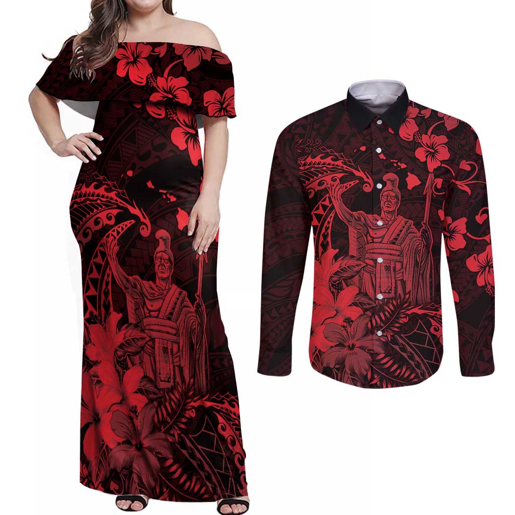 Hawaii King Kamehameha Day Couples Matching Off Shoulder Maxi Dress and Long Sleeve Button Shirt Polynesian Pattern Mix Hibiscus Red