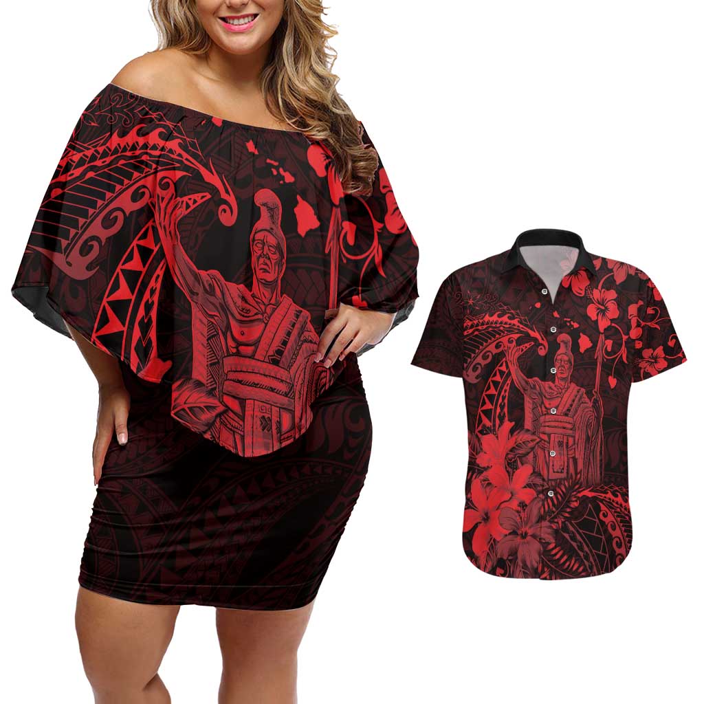 Hawaii King Kamehameha Day Couples Matching Off Shoulder Short Dress and Hawaiian Shirt Polynesian Pattern Mix Hibiscus Red