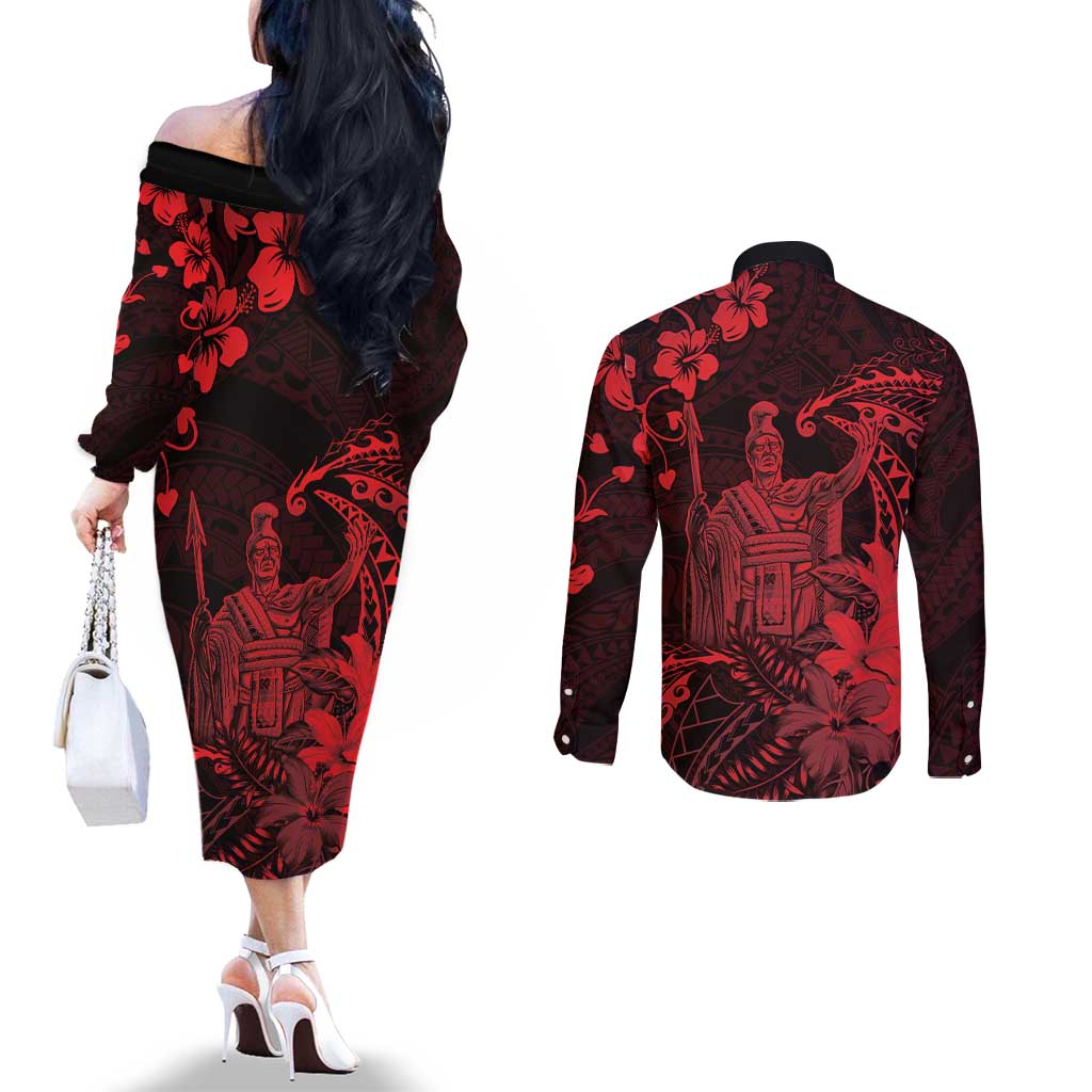 Hawaii King Kamehameha Day Couples Matching Off The Shoulder Long Sleeve Dress and Long Sleeve Button Shirt Polynesian Pattern Mix Hibiscus Red