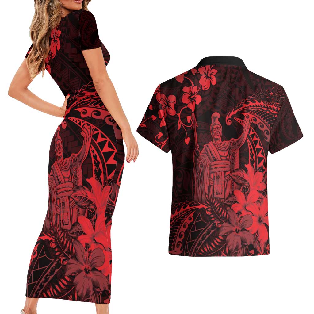 Hawaii King Kamehameha Day Couples Matching Short Sleeve Bodycon Dress and Hawaiian Shirt Polynesian Pattern Mix Hibiscus Red
