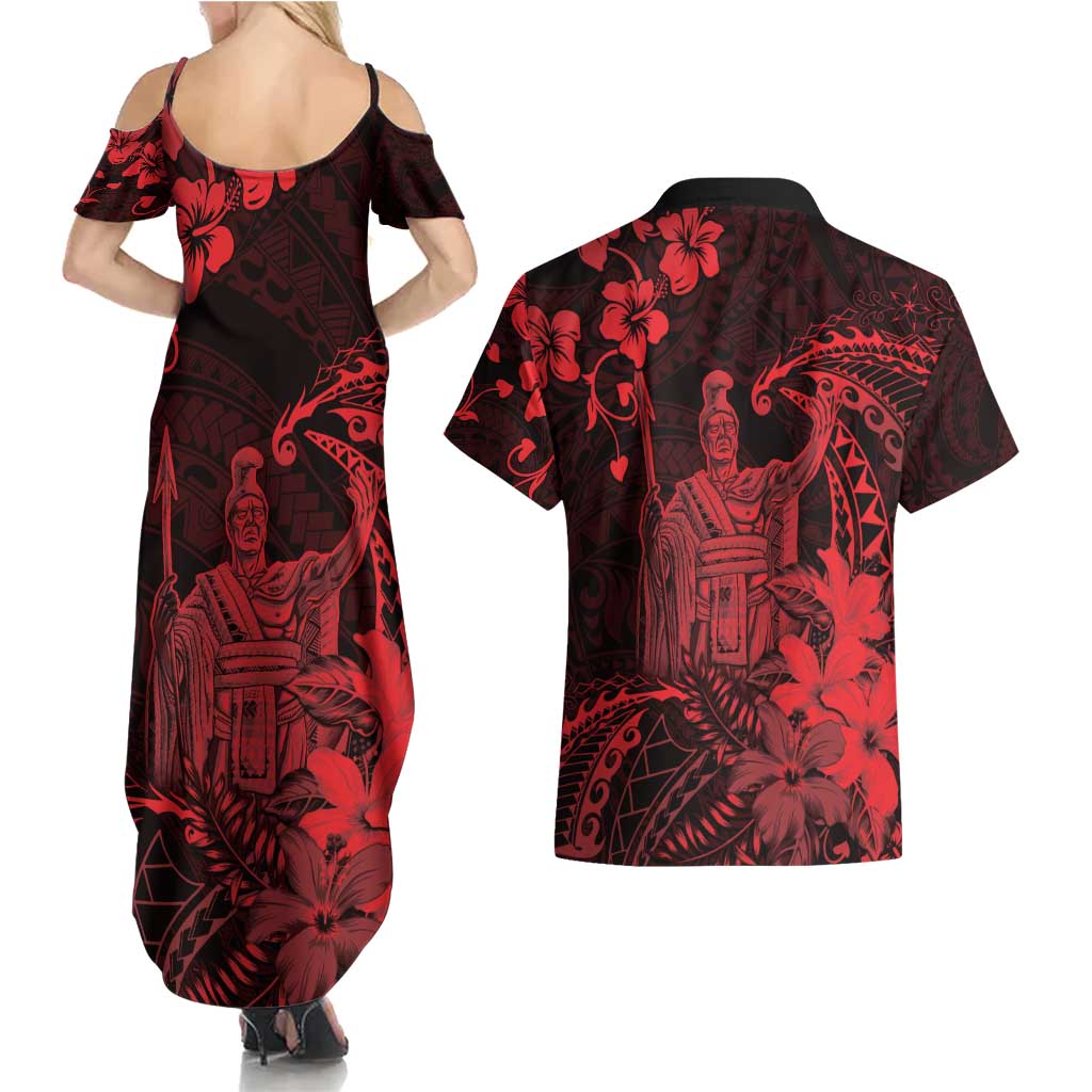 Hawaii King Kamehameha Day Couples Matching Summer Maxi Dress and Hawaiian Shirt Polynesian Pattern Mix Hibiscus Red