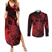 Hawaii King Kamehameha Day Couples Matching Summer Maxi Dress and Long Sleeve Button Shirt Polynesian Pattern Mix Hibiscus Red
