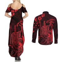 Hawaii King Kamehameha Day Couples Matching Summer Maxi Dress and Long Sleeve Button Shirt Polynesian Pattern Mix Hibiscus Red
