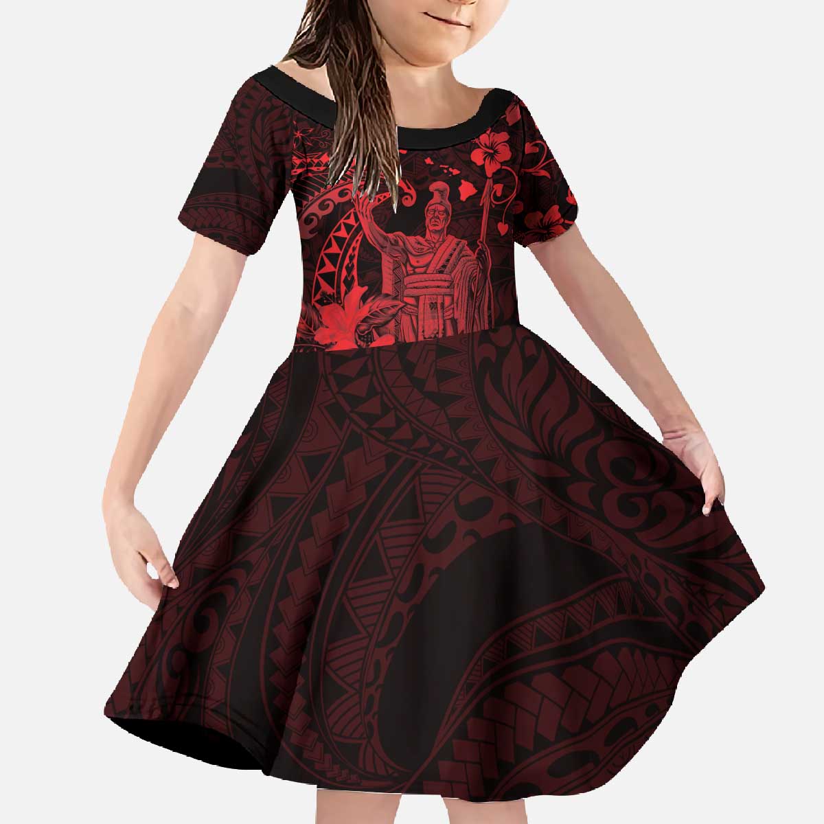 Hawaii King Kamehameha Day Family Matching Off The Shoulder Long Sleeve Dress and Hawaiian Shirt Polynesian Pattern Mix Hibiscus Red