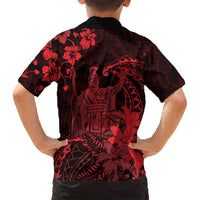 Hawaii King Kamehameha Day Family Matching Off Shoulder Maxi Dress and Hawaiian Shirt Polynesian Pattern Mix Hibiscus Red