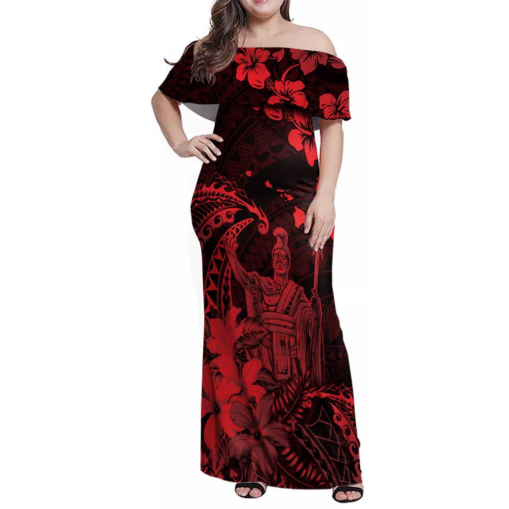 Hawaii King Kamehameha Day Family Matching Off Shoulder Maxi Dress and Hawaiian Shirt Polynesian Pattern Mix Hibiscus Red