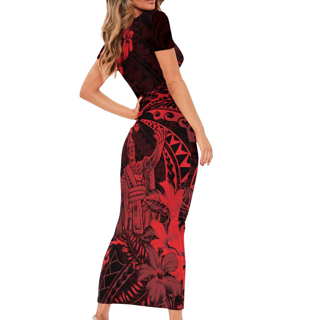 Hawaii King Kamehameha Day Family Matching Short Sleeve Bodycon Dress and Hawaiian Shirt Polynesian Pattern Mix Hibiscus Red