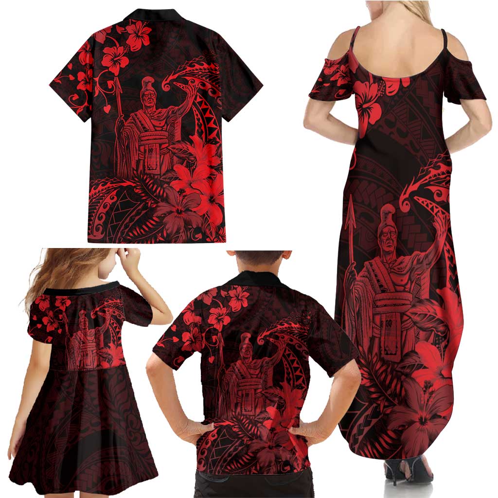 Hawaii King Kamehameha Day Family Matching Summer Maxi Dress and Hawaiian Shirt Polynesian Pattern Mix Hibiscus Red