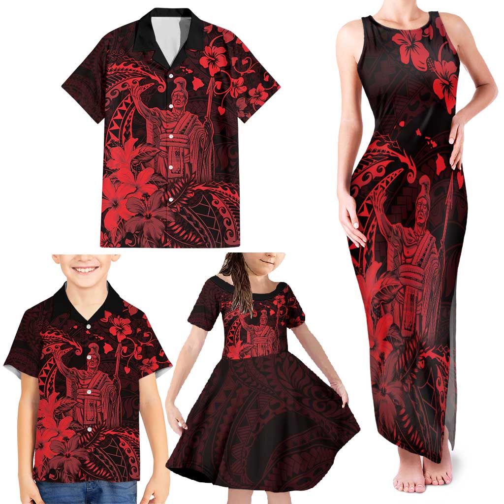 Hawaii King Kamehameha Day Family Matching Tank Maxi Dress and Hawaiian Shirt Polynesian Pattern Mix Hibiscus Red