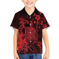 Hawaii King Kamehameha Day Family Matching Tank Maxi Dress and Hawaiian Shirt Polynesian Pattern Mix Hibiscus Red